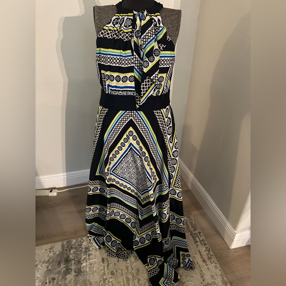 Eliza J NWOT blue and yellow handkerchief halter dress - Picture 2 of 6